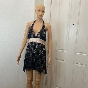 Betsy & Adam Dress Sz 8 Halter Black Lace Tan Sash Lining Mini